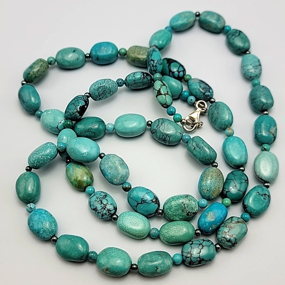 Genuine Turquoise 925 Sterling Silver Hematite Beaded Necklace 11x14mm Beads - Picture 8 of 11